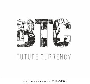Bitcoin digital currency banner template. Hand drawn lettering BTC future currency