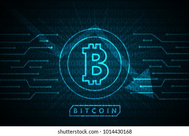 Bitcoin digital currency and blue line circuit on binary background technology vector design for finance business.