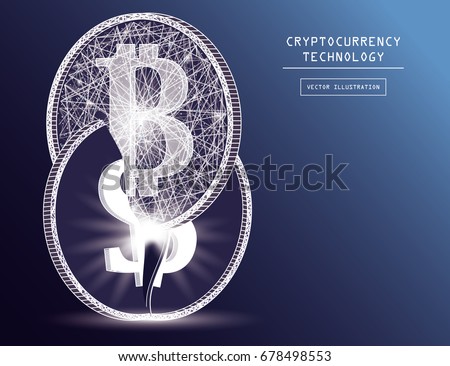 Bitcoin digital currency coin damage world finance system based on dollar concept vector illustration. Crypto currency token coins with bitcoin and dollar symbols. Blockchain cryptocurrency concept.