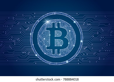 Bitcoin digital currency coin.cyber network background.isolated from low poly wireframe. Vector abstract polygonal image