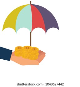Bitcoin. Digital currency. Cryptocurrency. Business hand holding golden shiny coin with bitcoin symbol under umbrella, isolated on white background.