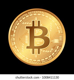 Bitcoin. Digital currency. Cryptocurrency. Golden coin with bitcoin symbol isolated on black background.