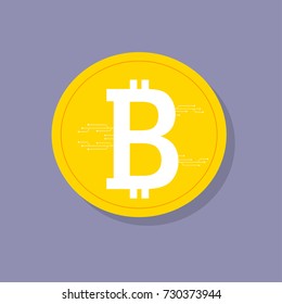 Bitcoin. Digital currency. Cryptocurrency. Golden coin with bitcoin symbol and soft shadow. Stylized bitcoin sign on golden coin