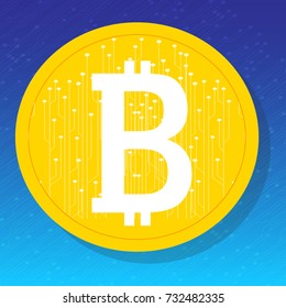 Bitcoin. Digital currency. Cryptocurrency. Golden coin with bitcoin symbol and soft shadow. Stylized bitcoin sign on golden coin