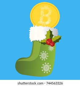 Bitcoin. Digital currency. Cryptocurrency. Golden coin with bitcoin symbol and new year sock. Stylized bitcoin sign in santa sock with amela.