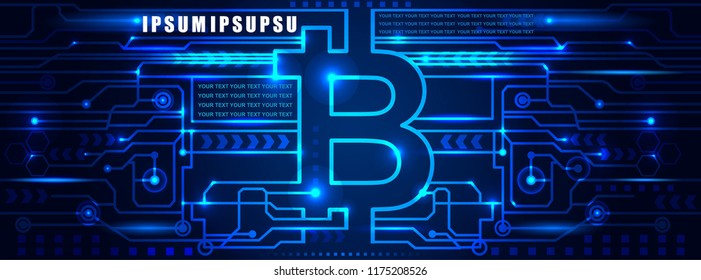 Bitcoin digital currency and  dark blue background with electronic microchip and place for your text,  illustration Vector