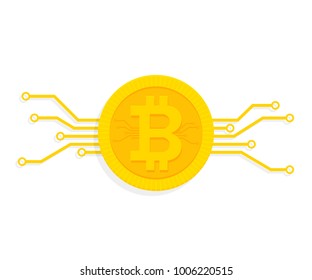 Bitcoin digital currency icon with circuit board elements. Vector illustration in flat style