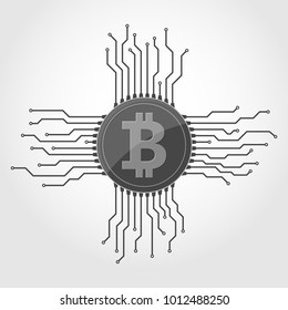 Bitcoin digital currency icon with circuit board elements. Vector illustration. Bitcoin icon in a flat designs.