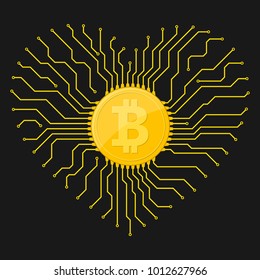 Bitcoin digital currency icon with circuit board elements. Vector illustration. Bitcoin icon in a flat designs.