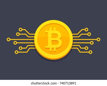 Bitcoin Digital Currency Icon mit Schaltplanelementen. Vektorgrafik in Flachstil