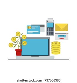 bitcoin digital currency key login in payment or investment from laptop computer vector illustration