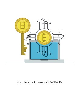 bitcoin digital currency key network in laptop computer vector illustration
