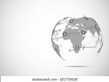 Bitcoin digital currency on Global network connection, technology network concept, futuristic digital money. Vector illustration