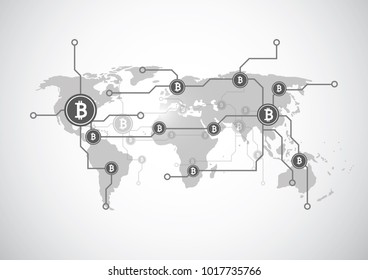 Bitcoin moeda digital no mapa do mundo, conceito de rede de tecnologia, dinheiro digital futurista. Ilustração vetorial
