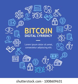 Bitcoin Digital Currency Round Design Template Line Icon Frame Transfer or Mining Service Concept on a Blue Background. Vector illustration