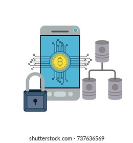 bitcoin digital currency secure network in smartphone vector illustration