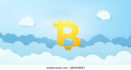 Bitcoin digital currency sign over clouds vector illustration