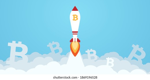 Bitcoin digital currency sign with rocket vector illustration