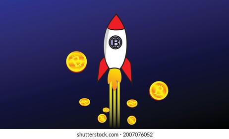 Bitcoin digital currency sign with rocket vector illustration
