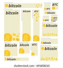 Bitcoin digital currency vector banner set. Banners for bitcoin, stock market and business, investing, making money, profit, cryptocurrency. For web design, banners, promotional materials, etc