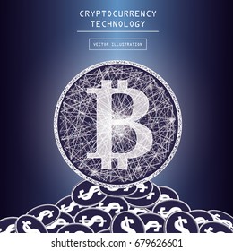 Iconos y símbolos del vector de moneda digital bitcoin. Monedas de fichas de moneda criptográfica con símbolos bitcoin y dólar. Sistema de pago digital de red peer to peer. Concepto de cadena de bloqueo.