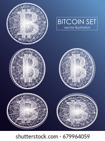 Bitcoin digital currency vector icons and symbols. Crypto currency token coins with bitcoin symbol. Peer to peer network digital payment system. Blockchain concept.