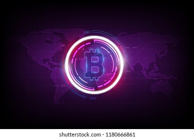 bitcoin digital currency and world globe hologram, futuristic digital money and technology worldwide network concept, vector illustration