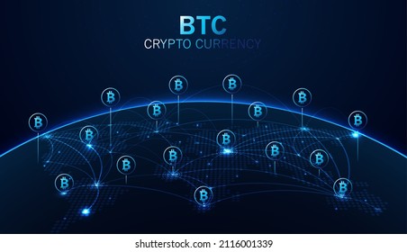 Bitcoin digital currency and world globe futuristic digital money technology worldwide network and bitcoin global network connection.   electronic cryptocurrency and modern technology. vector design.
