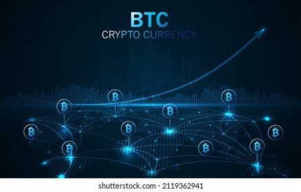La moneda digital Bitcoin y la tecnología de dinero digital futurista mundial de red mundial y conexión de red global bitcoin.   criptodivisa electrónica y tecnología moderna. diseño vectorial.