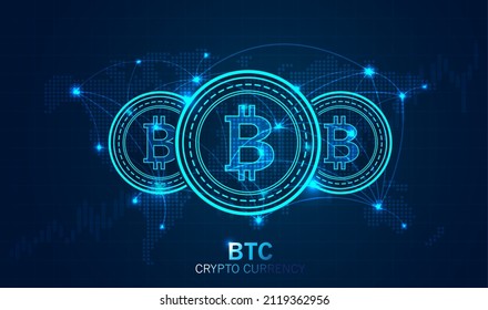 Bitcoin digital currency and world globe futuristic digital money technology worldwide network and bitcoin global network connection.   electronic cryptocurrency and modern technology. vector design.