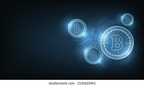 moneda digital Bitcoin.Moneda de bitcoin vectorial en fondo azul oscuro.ilustración vectorial.