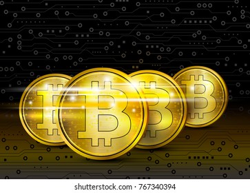 Bitcoin digital design on circuit board background with copy space vector illustration