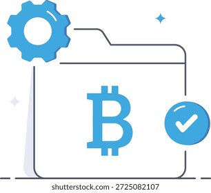 Carpeta digital de Bitcoin con un ícono de engranaje y una marca de verificación que representan la gestión y el procesamiento seguros de datos de criptomonedas en una Ilustración vectorial plana isométrica.