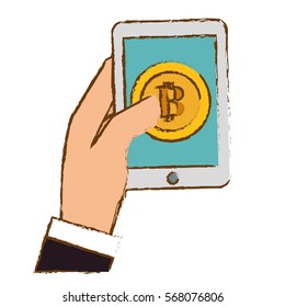 bitcoin, digital golden money symbol, smartphone in the hand