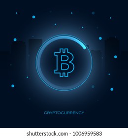 Bitcoin. Digital money. Concept design of cryptocurrency. Sign bitcoin on dark background with city skyscrapers and particles energy. Vector illustration.