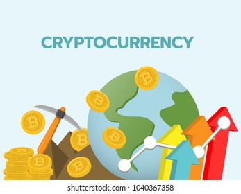 Bitcoin digital money, cryptocurrency system and mining pool. Flat design vector can bu use for business and finance web banners, poster, flyer, brochure template 