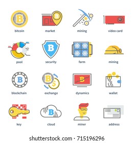 Bitcoin digital money, cryptocurrency system and mining pool. Line modern vector icons.