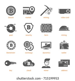 Bitcoin digital money, cryptocurrency system and mining pool. Black modern vector icons.