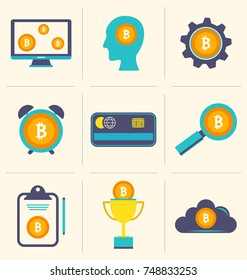 Bitcoin Digital Money, Cryptocurrency System and Mining Pool, Flat Design Icons - Illustration Vector