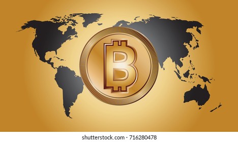 Bitcoin digital money logo. Exchange investment business sign. Electronic banking currency crypto. Gold coin blockchain internet finance. World map purchase buy and sell.