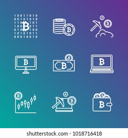 Bitcoin digital money mining icon set, cryptocurrency system and mining pool. Modern vector icons on gradient