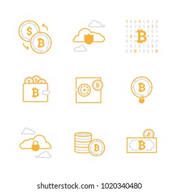 Bitcoin digital money saving icon set, cryptocurrency system and mining pool. Modern vector icons yellow and grey