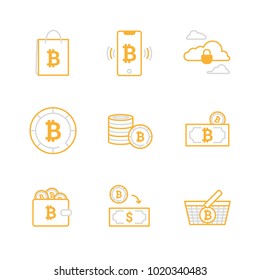 Bitcoin digital money saving icon set, cryptocurrency system and mining pool. Modern vector icons yellow and grey