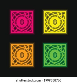 Bitcoin Digital Network Symbol four color glowing neon vector icon