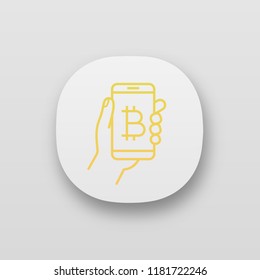 Bitcoin digital wallet app icon. E-payment. Cryptocurrency. UI/UX user interface. Hand holding smartphone with bitcoin sign. Digital money transaction. Web or mobile application. Vector illustration