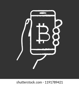 Bitcoin digital wallet chalk icon. Hand holding smartphone with bitcoin sign. Digital money transaction app. Isolated vector chalkboard illustration