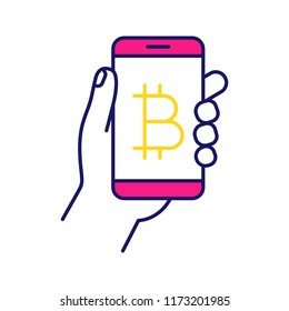 Bitcoin digital wallet color icon. E-payment. Cryptocurrency. Hand holding smartphone with bitcoin sign. Digital money transaction app. Isolated vector illustration