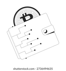 Bitcoin digital wallet with cryptocurrency coin 2D line object. Crypto storage. Online money. Fintech e-wallet. BTC peeking out isolated clipart vector ink outline item. Monochrome spot illustration