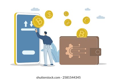 Bitcoin digital wallet, Cryptocurrency transactions and banking on smartphone, Buying digital currency on mobile phone, Digital currency wallet technology, Flat vector design illustration.