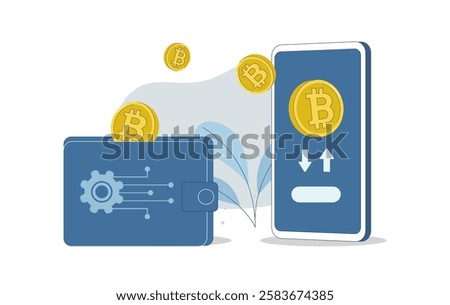 Bitcoin digital wallet, Cryptocurrency transactions and banking on smartphone, Buying digital currency on mobile phone, Digital currency wallet technology, Flat vector design illustration.